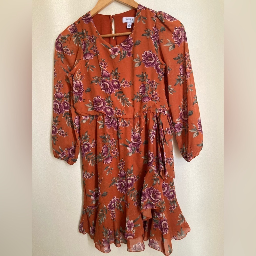 Speechless Floral Chiffon Dress Girls 12 Rust Orange Long Sleeve Lined - Picture 4 of 15